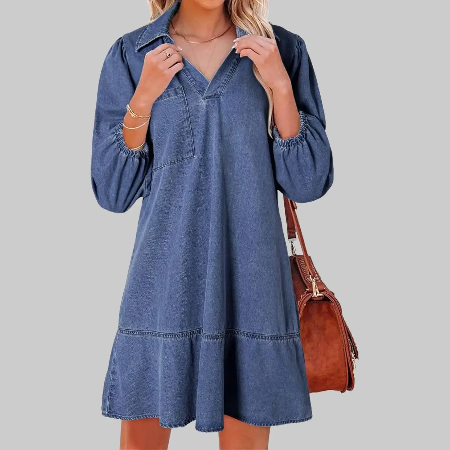 Denim Dress for Women Fashion Fall Casual Babydoll 2025 V Neck 3/4 Puff  Sleeve Jean Dresses Indigo Fitted Basic Minimalist Elegant Vneck - TikTok  Shop