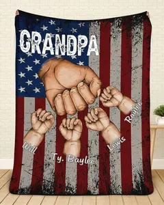 Pofily Personalized Dad Fist Bump with Kids American Flag Blanket, Custom Grandpa Throw Blanket, Fathers Day Birthday Blanket, Vintage Fathers Day, for Grandpa Daddy Poppy Pops
