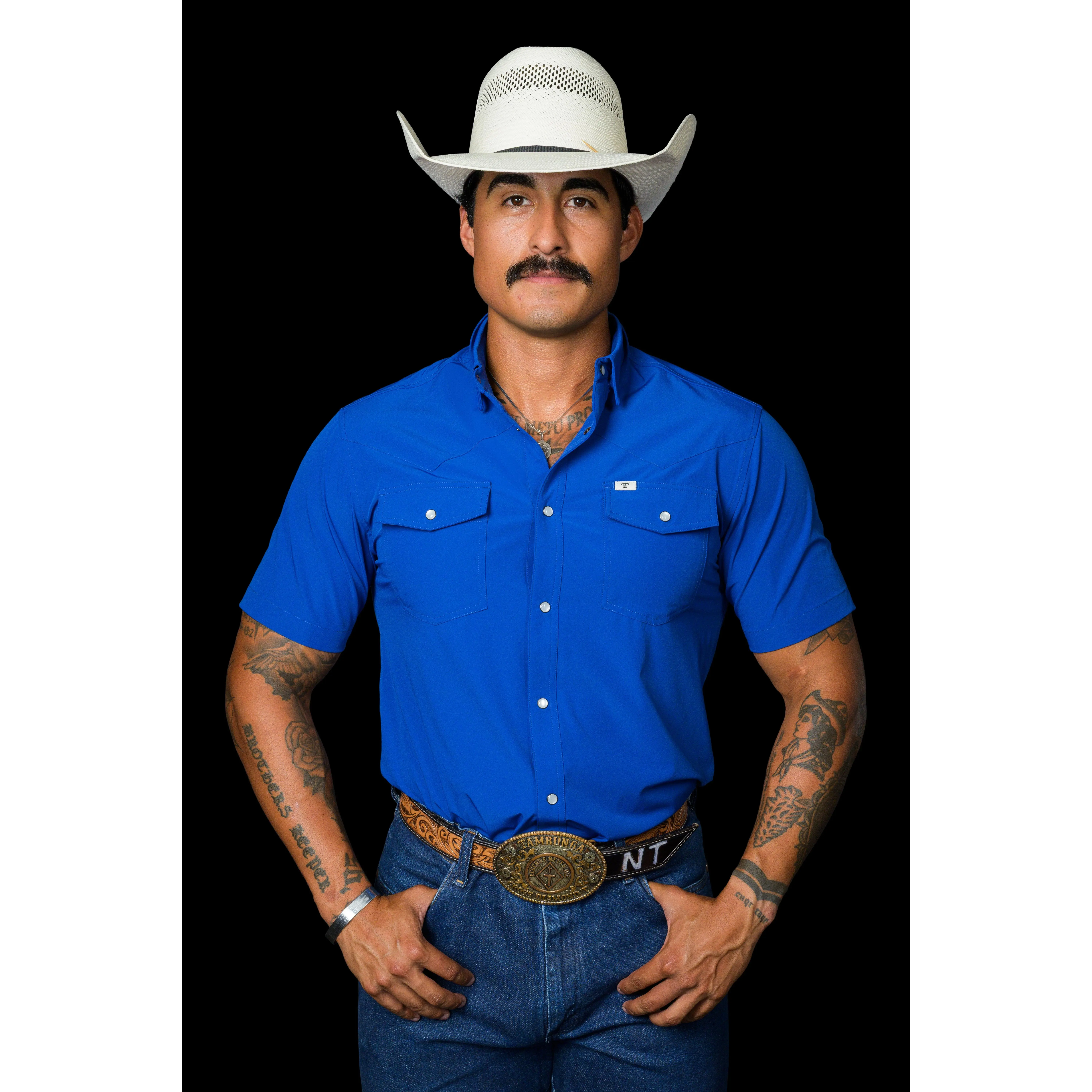 CORE Menswear Men's Cobalt Blue Short-Sleeve Breathable Casual Pearl Snap Shirt with Pocket