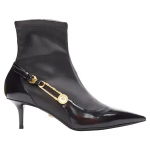 Pre-owned Versace Women's Versace Medusa Punk Safety Pin leather kitten heel bootie by Rebag