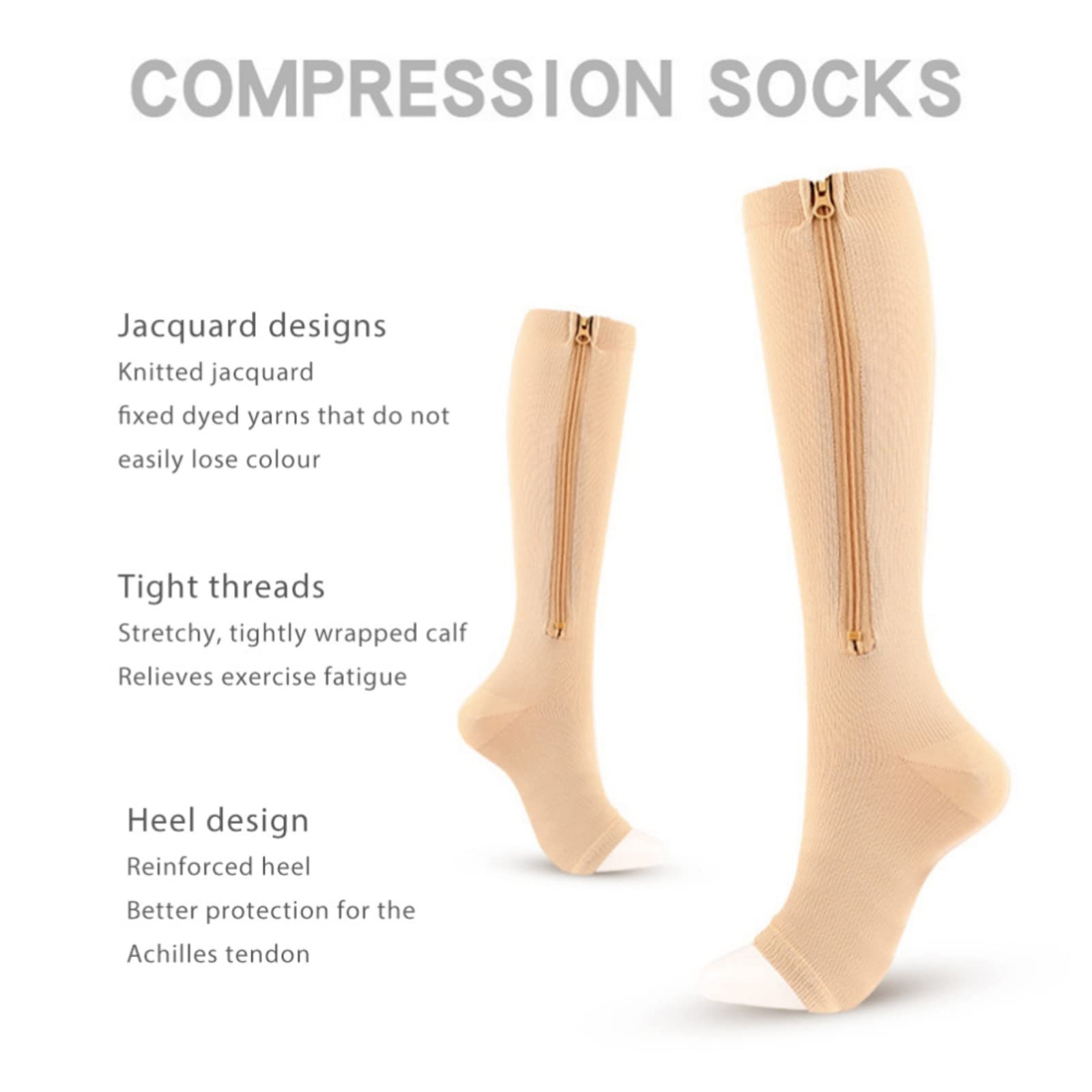 3 Pairs Zipper Compression Socks Open Toe Calf Knee High Socks with Zipper Calf Knee High 15-20mmHg Open Toe Compression Stocking Slim Leggings Stretch Socks Walking Running Compression Stocking for Men Women