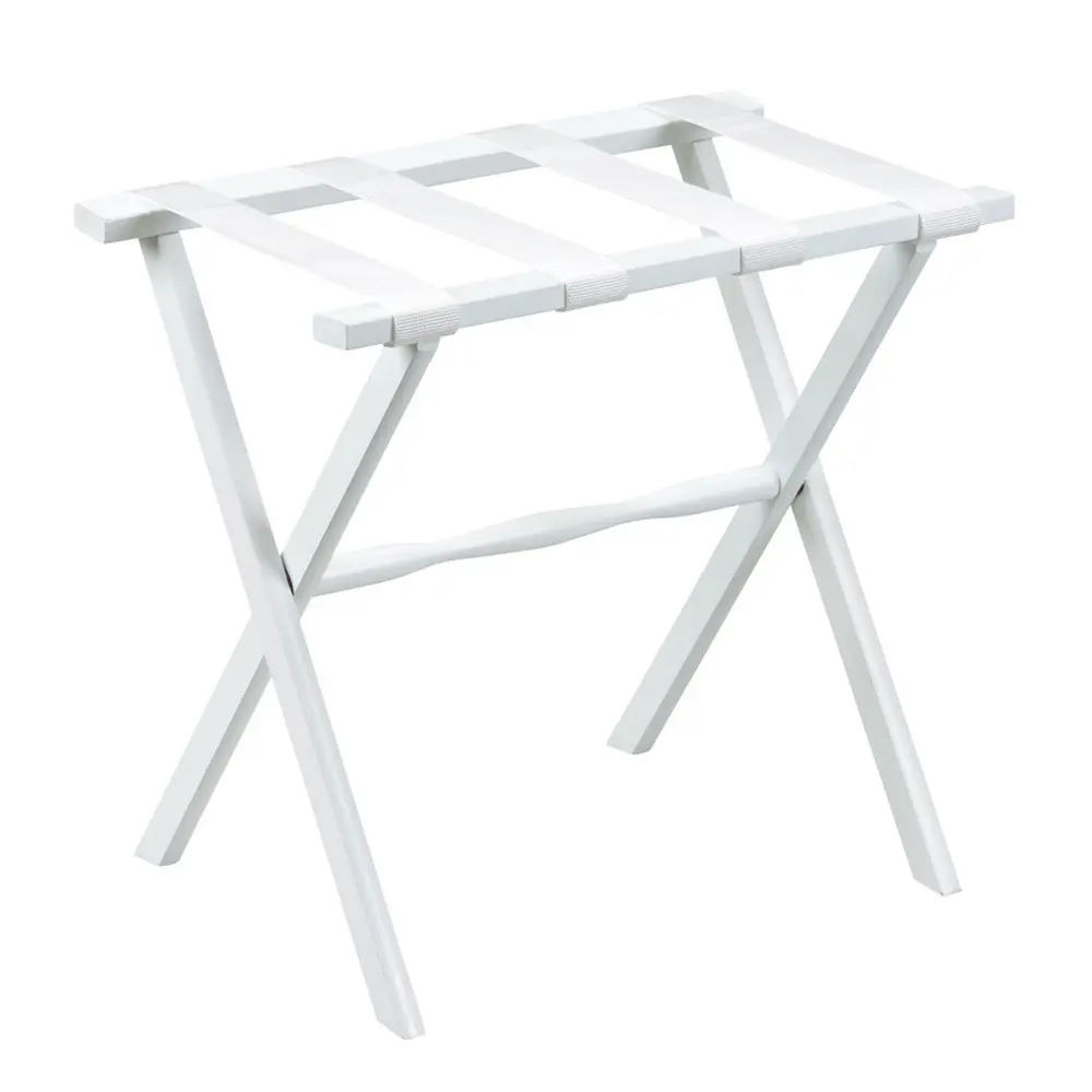 HomeRoots Traditional Solid Wood Luggage Rack, Decorative Folding Holder with White Straps, Hotel Guest Room Accessory, 200 lb Capacity, Sturdy, Organiser, Collapsible, Hotel Access, Durable, Hotel Guests