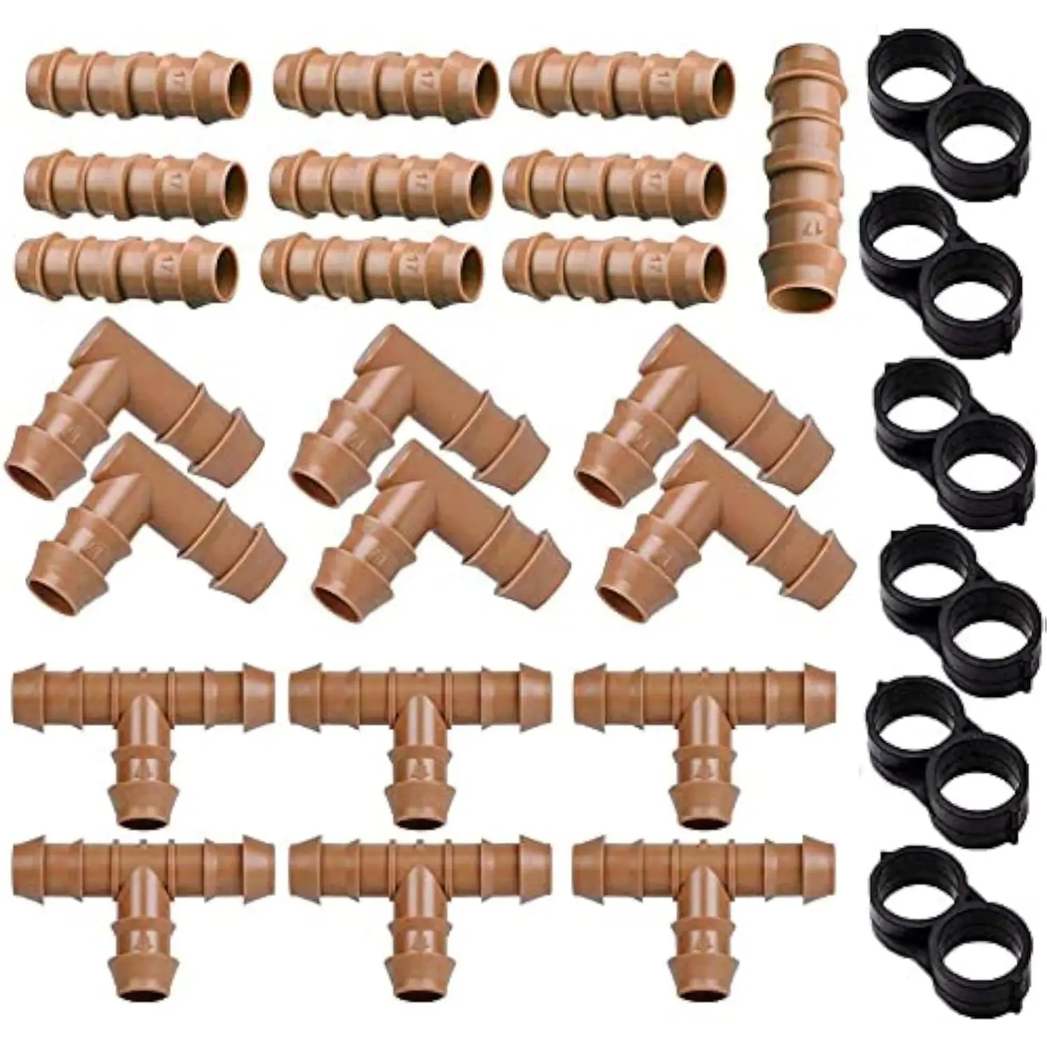 28PCS Drip Irrigation Fittings Kit (17mm) for 1/2" Tubing (.600" ID), 10 Couplings, 6 Tees, 6 Elbows and 6 Tubing End Closure - Barded Connectors for Drip or Sprinkler Systems(28 Pieces Set)