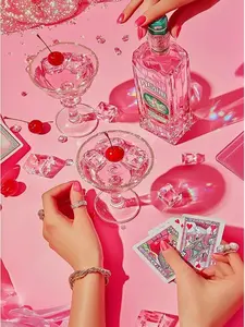 5D Full Drill Diamond Painting Kit, Pink Retro Cocktail & Poker Art, Girly Party Aesthetic DIY Wall Decor
