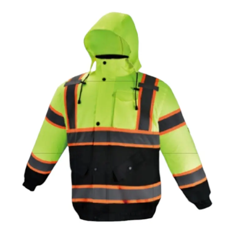 Men's Waterproof Bomber Jacket with Sherpa Liner, Detachable Hood, Zippers, Reflective Safety Vest Feature, American True Sizing, Stylish Long Sleeves, Outdoor Work Safety Equipment Coat