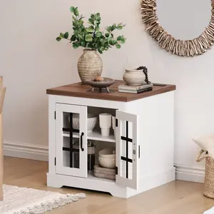 Modern Buffet Cabinet with Storage, Glass Doors & Built-in Power Outlet – Sideboard Accent Cabinet for Kitchen, Living Room, Coffee Bar – Walnut Top & White Panel, Small Size