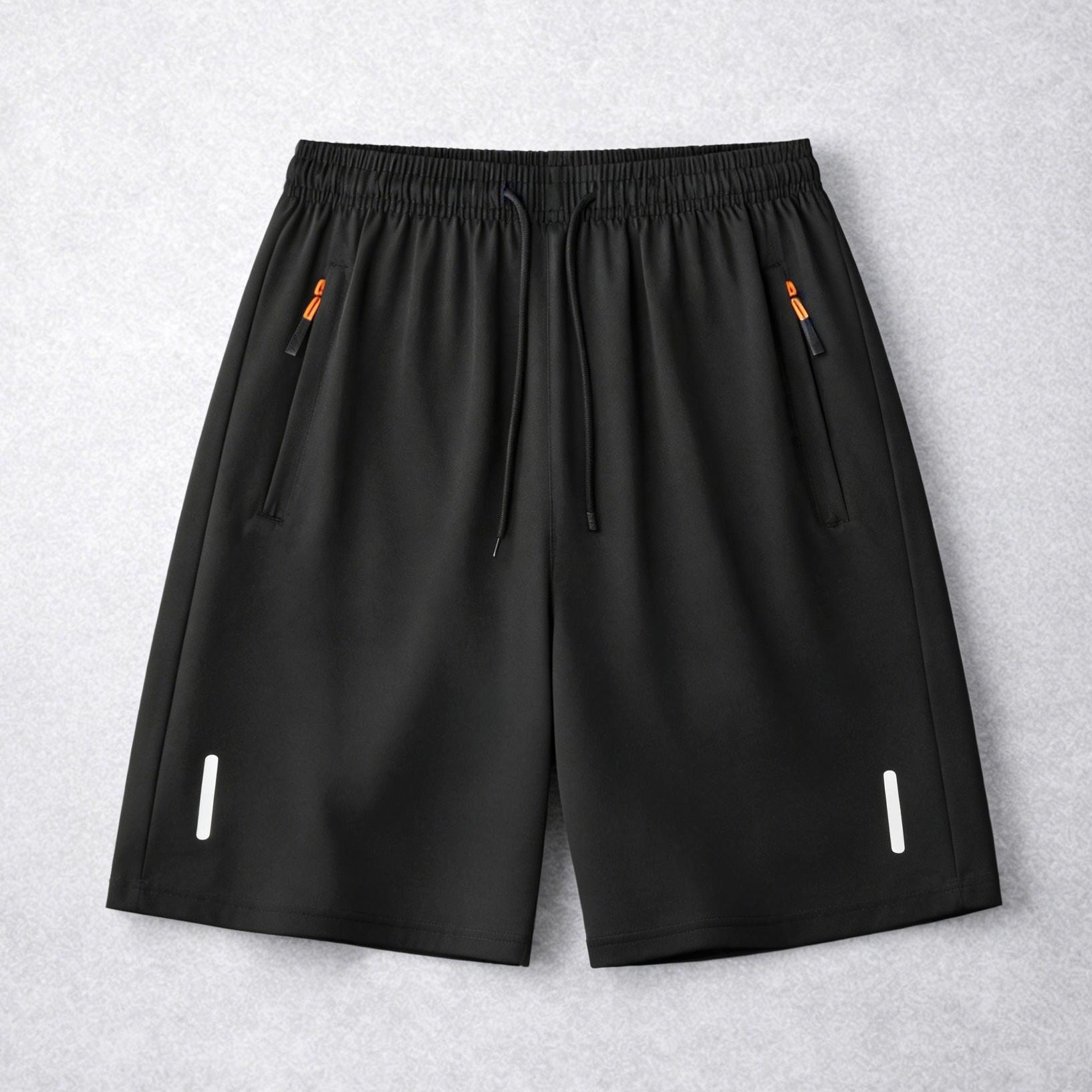 7-pack men’s ice silk quick-dry athletic shorts featuring zippered pockets and contrasting zipper head design; breathable, lightweight ice silk summer shorts for fitness, running, and casual wear—an essential for workouts and comfortable for home wear in