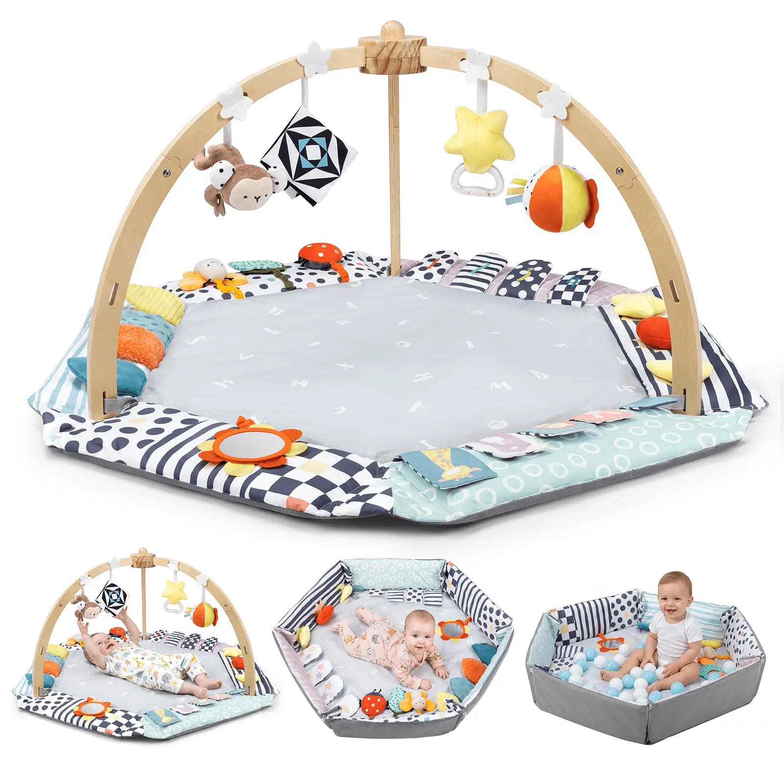 Baby Play Mat with Foldable Raised Edges, Wooden Gym & 6-in-1 Activity Center, Convertible Ball Pit, Sensory Playmat for Infants 6-18 Months