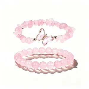 Women's Butterfly Beaded Bracelet Set - Natural Stone Elastic Stackable Bracelets with Beads for Daily Casual Wear & Gifting
