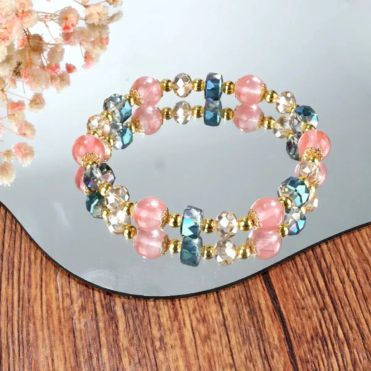 Women's Lucky Rose Quartz Crystal Beaded Bracelet - Multicolor Cut Crystal Elastic Dainty Stackable Bracelets for Wealth, Good Luck, Energy Balance, Boho Daily Wear Gift for Girlfriend, Dainty Crystal Bracelet, Multicolor Stackable Bracelets