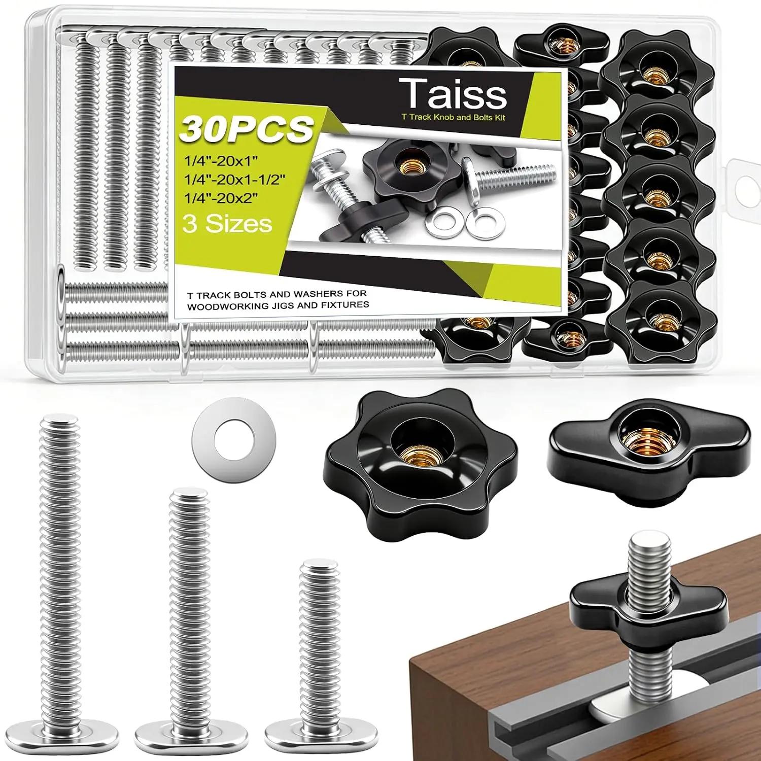 Taiss 30PCS 1/4"-20 T Track Knob Kit,Two Kinds Threaded Knobs 1/4"-20x1,1-1/2",2" 3 Sizes T Track Bolts and Washers for Woodworking Jigs and Fixtures