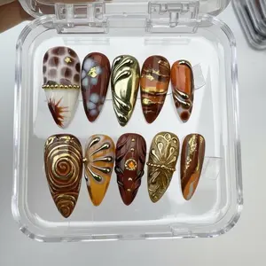 Luxury Brown Tortoise Press On Nails | 3D Gold Chrome Swirl Art | Handmade Autumn Orange Marble Almond Nails | Holiday Birthday Gift