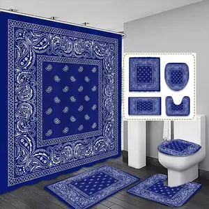 Blue Bohemian style shower curtain set, Bathroom Shower Equipment, non-slip mat, U-shaped rug, toilet seat cover, perfect for bathroom décor, beautifying the space. Includes 12 shower curtain hooks