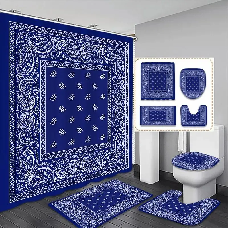 Blue Bohemian style shower curtain set, Decorative shower curtain, Bathroom Shower Equipment, non-slip mat, U-shaped rug, toilet seat cover, Bathroom Decoration Accessories, Bathroom Decor And Accessories, Includes 12 shower curtain hooks