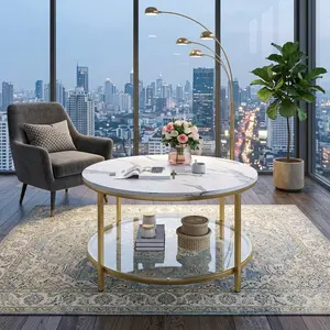 2 Tier Round Coffee Table, Faux Marble Wooden Top with Tempered Glass Shelf, Sturdy Steel Frame Coffee Table with Adjustable Feet, Mid Century Modern Center Table for Home Living Room Patio, Gold White