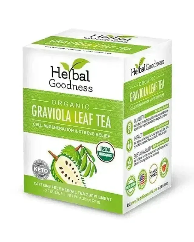 Certified Organic Graviola Soursop Leaf Herbal Tea Bags, 24 Individually Sealed, Caffeine-Free, GMO-Free, Supports Immunity & Wellness