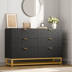 Gaomon 6-Drawer Modern Drawer Dresser Cabinet with Gold Handles, MDF Panels, Easy-Setup Black Home Storage Organizer for Bedroom, Living Room, Modern Dresser