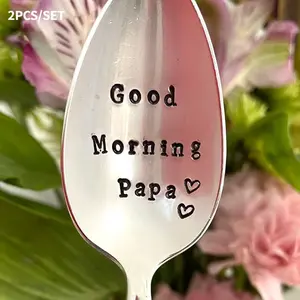 2pcs Coffee Spoon Hand Stamped With Good Morning Papa Vintage Silver Plated Silverware Father's Day Gift