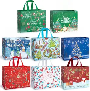 8 PCS Large Christmas Gift Bags With Handles, Non Woven Reusable Holiday Treat Bags for Gifts, 12.8 x 9.8 x 6.7in