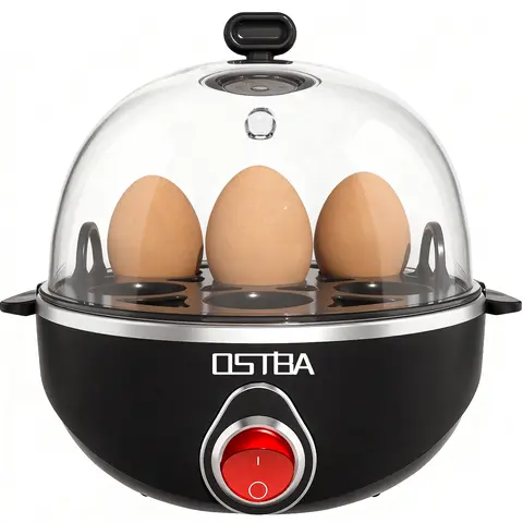 OSTBA Electric Egg Cooker, 7-Egg Capacity Countertop Egg Boiler & Mini Food Steamer, Manual Switch, Overheat Protection, Buzzer, Wipe-Clean Design, Black