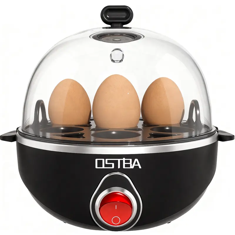 OSTBA Electric Egg Cooker, 7-Egg Capacity Countertop Egg Boiler & Mini Food Steamer, Manual Switch, Overheat Protection, Buzzer, Wipe-Clean Design, Black