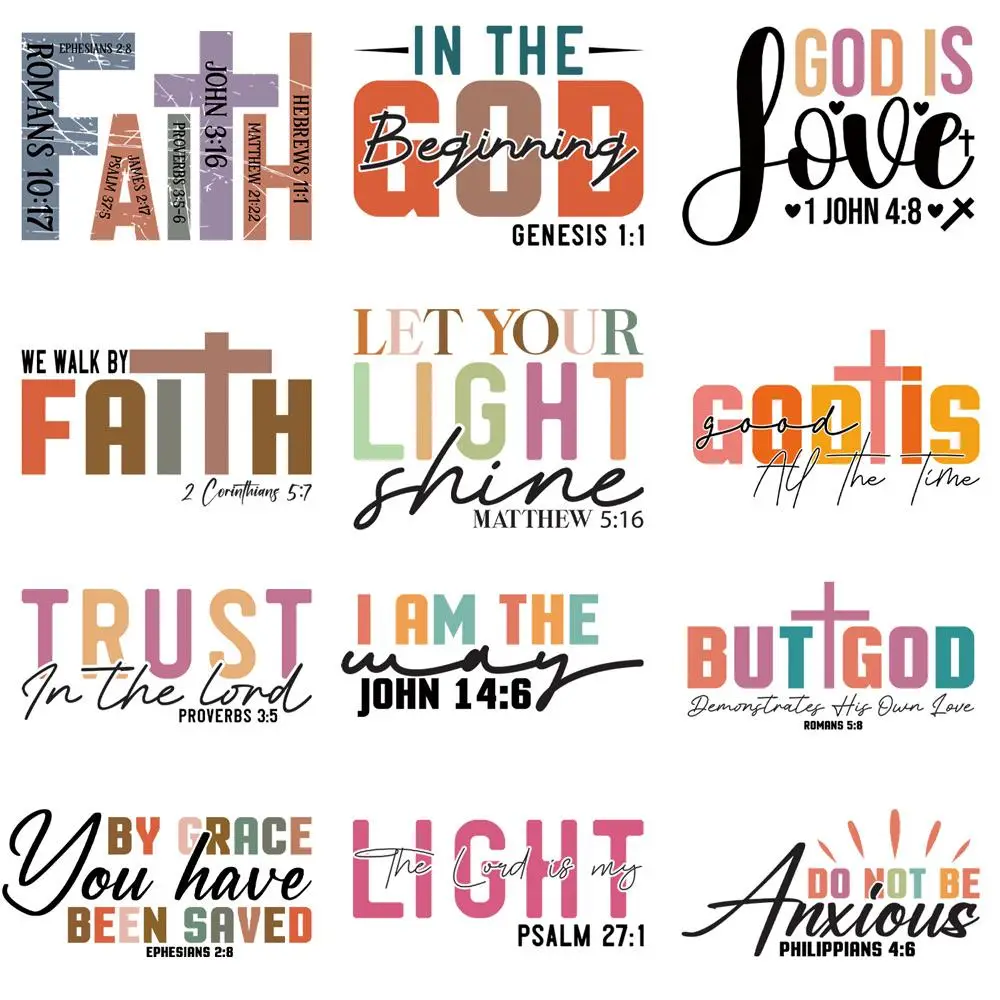 Faith Themed Iron on Transfer for Clothing, 12pcs/set Colorful Christian Words Series Heat Transfer Clothes Decals, DIY Clothing Accessories