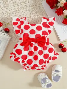 [Single Piece] Valentine's Day & Birthday Gift, Baby Girls' Red & White Polka Dot Cute Romper Bodysuit Without Straps, Flutter Sleeve + Large Bow Detail, Vintage Sweet Style, Ideal for Valentine's Day Gatherings, Travel & Daily Wear