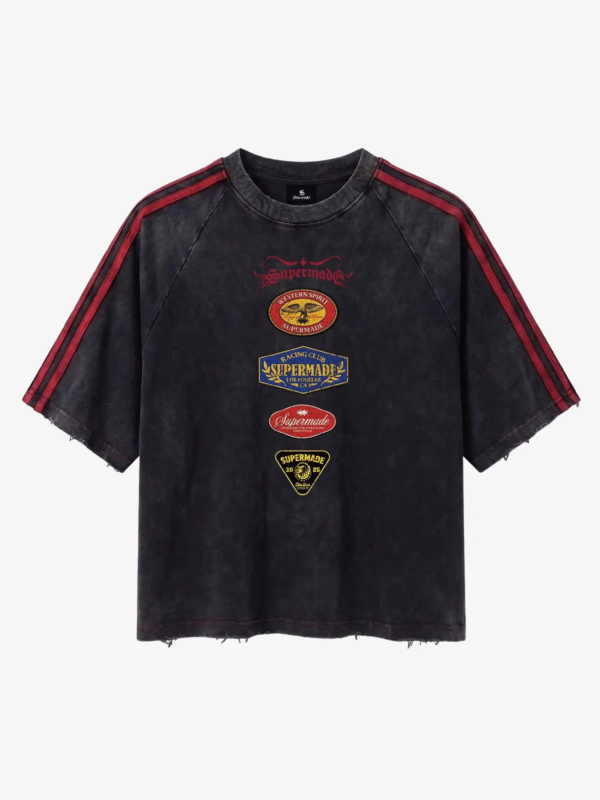 Supermade Men's Vintage Distressed Moto Graphic T-Shirt - Relaxed Fit Washed Cotton Blend, Sporty Raglan Stripe Short Sleeves, Badge, Hem, Breathable, Soft, Casual, Round Neck Top for Daily Wear