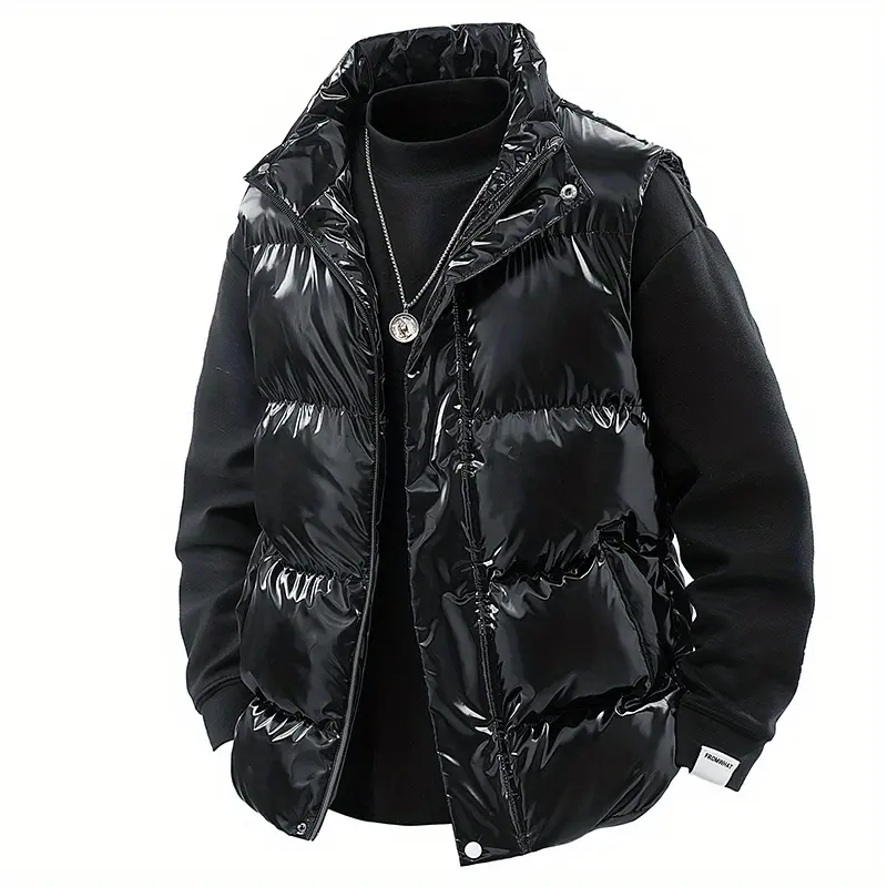 Men's Shiny Solid Casual Waistcoat - Autumn-Winter Loose-Fit Sleeveless Gilet, Zipper-Front Warm Long-Sleeve Menswear Outerwear, Versatile Sweater-Inspired Top