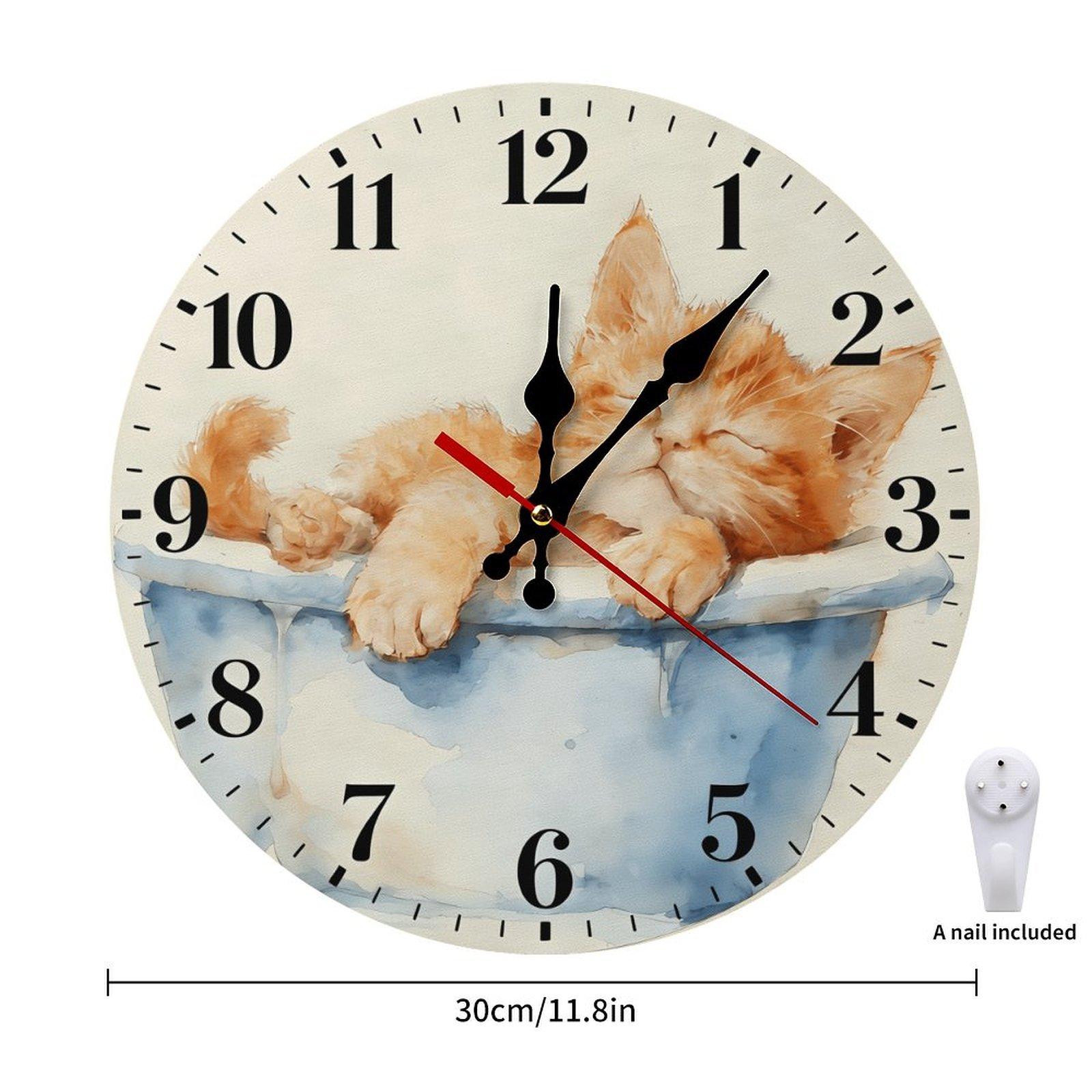 12 Inch Watercolor Sleeping Orange Cat Wall Clock, Silent Non-Ticking Quartz Wall Clock, Cute Kitten Animal Wall Watch for Home Living Room Bedroom Cat Lover Decor
