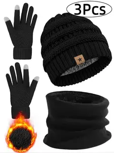 3Pcs-Women Or Men's Chilly Winter Warm Windproof Protection Knit Set Gloves Scarf Hat Outdoor Riding Headwear, Fitted Plain Design, Casual Style, Unisex Fall & Winter Accessory