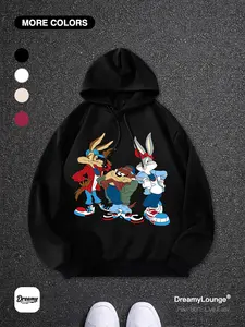 Classic Cartoon Looney Tunes Bunny Devil Print Loose Fit Hoodie with Pockets, Casual Home Wear, Perfect for Daily Use