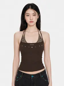 Aelfric Eden Leopard Halter Studded Cami Top Slim Fit Contrast Leopard Print Panel & Studded Detail Halter Neck Tie Casual Y2K Retro Streetwear Top