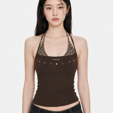 Aelfric Eden Leopard Halter Studded Cami Top Slim Fit Contrast Leopard Print Panel & Studded Detail Halter Neck Tie Casual Y2K Retro Streetwear Top,sohochic