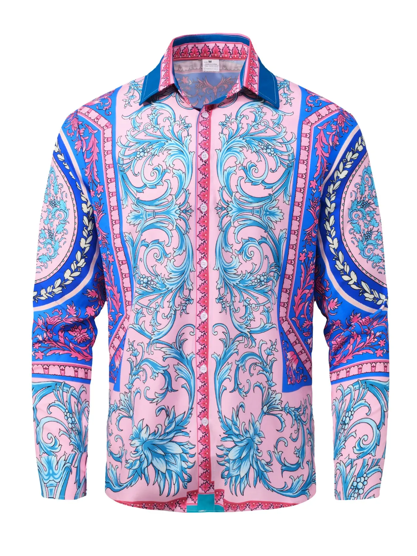 Men's Baroque Print Satin Shirt, Casual Fitted Collared, Long Sleeve, Party Essential, Royal Style Vine Pattern, Color Block Collar, Drapey Fabric, Evening Party Wear