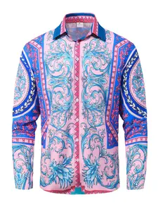 Men's Baroque Print Satin Shirt, Party Essential, Royal Style Vine Pattern, Color Block Collar, Drapey Fabric, Evening Party Wear