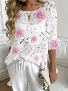 Women's Floral Print Round Neck Long Sleeve Knit Mesh Top, Casual Elegant Vacation Style, Comfortable Breathable Women's Shirt, Batwing Shoulder Design