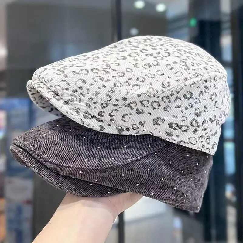 American Retro Leopard Print Cap Versatile for Spring Summer Face Flattering Beret Trendy Street Style Backwards Baseball Cap