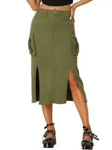 INSPIRE CHIC Streetstyle Y2K Split Hem Denim Midi Cargo Skirt Army Green