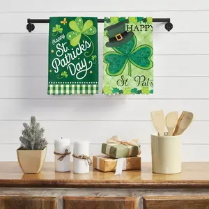 [St. Patrick's Day] 2pcs Green Plaid Shamrock Gnome St. Patrick's Day Kitchen Towel Dish Towel, St. Patrick's Day Seasonal Spring Decorative Hand Towel Set