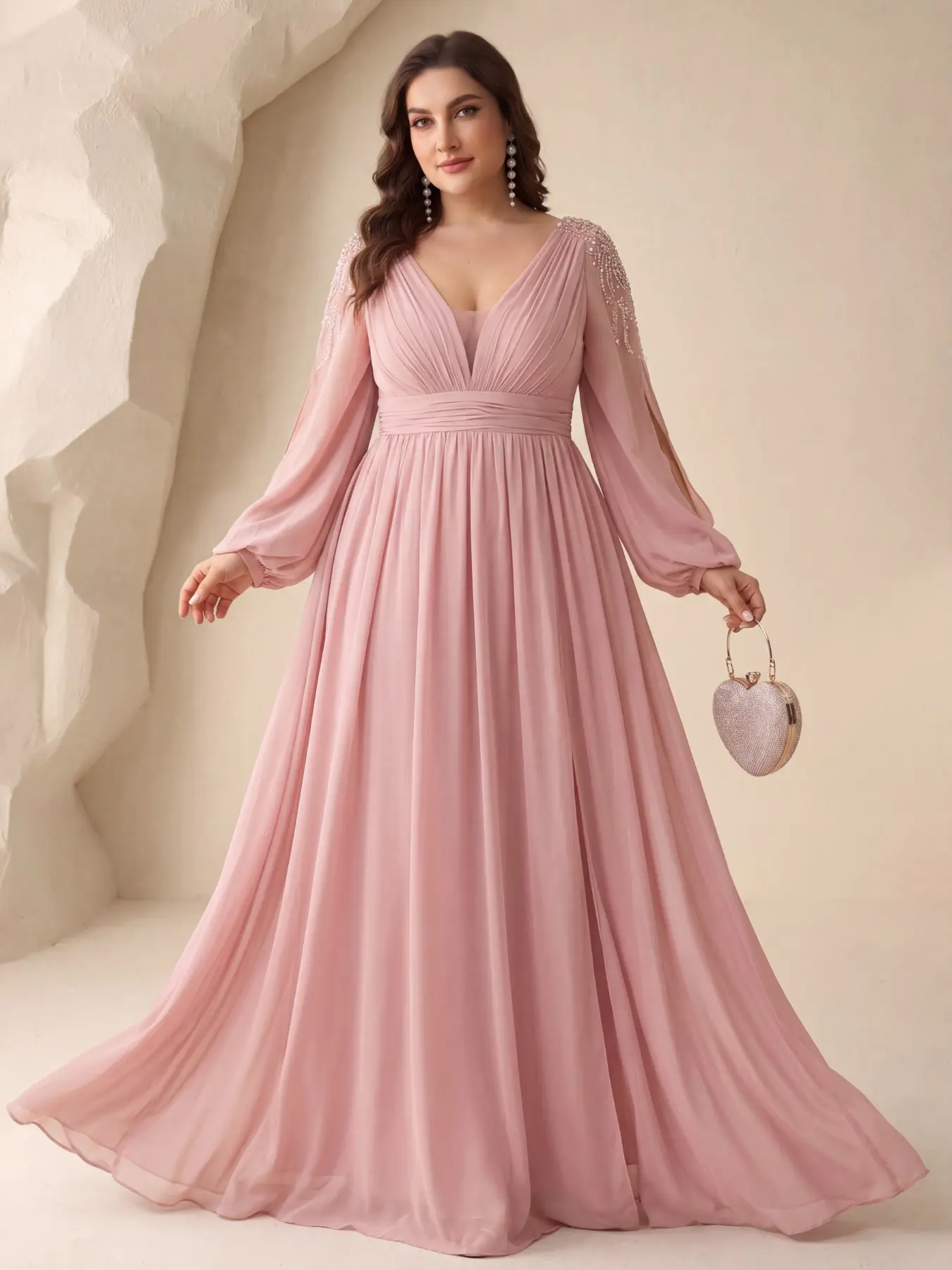 Elegant V-Neck Lightweight Chiffon Maxi Dress, Long Sleeve Embroidered Shoulder Flowers, High Split Formal Party Gown, Perfect for Bridesmaid Evening Events, Elegance