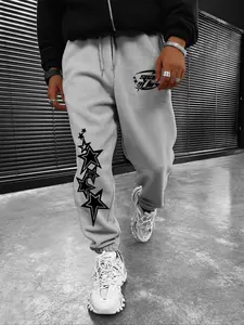 【Plus Size】 Letter & Star Print Drawstring Waist Sweatpants, Casual Comfy Pocket Jogger Pants for Daily Wear, Men's Trousers for Fall & Winter