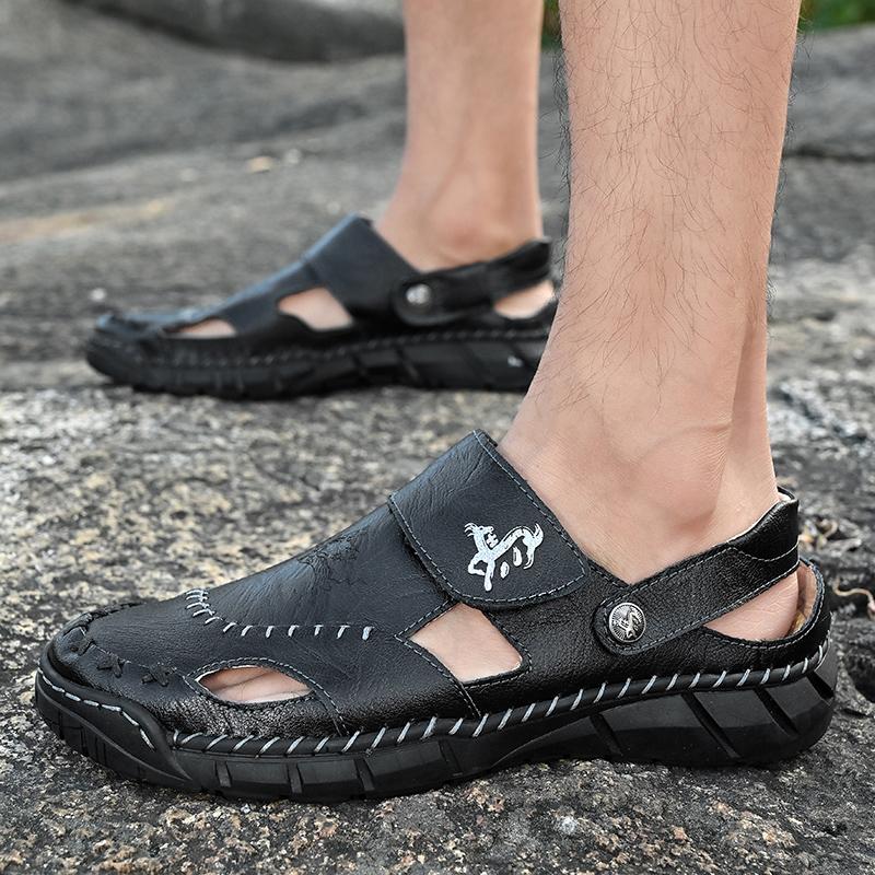 GREKS Men's Casual Hiking Beach Sandals Hand-Stitched Hollow Slip-on Wide Fit Non-Slip Breathable Dark Brown Black