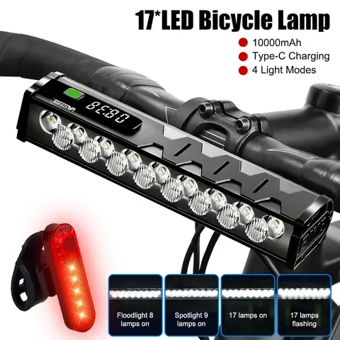 VASTFIRE 5500 lm Bicycle Headlight - USB-C Rechargeable Aluminum Alloy Light with Digital Display, IP65 Waterproof, Lightweight Folding Ebike Fit, 1*Headlight, 1*Tail Light, Phone Charging While Riding, Universal for Adult Ebikes, Night Riding Commuters