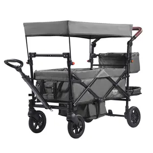 VEVOR Wagon Stroller for 2 Kids, Push Pull Quad Collapsible Stroller with Adjustable Handle, Encircling Harness Removable Canopy, 4 Wheels w/ Brakes, Mutifunction Tandem Stroller for Camping Dark Gre