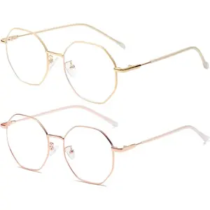 Polygon Blue Light Blocking Glasses for Women Men Vintage Octagon Square Non-prescription Metal Eyeglasses