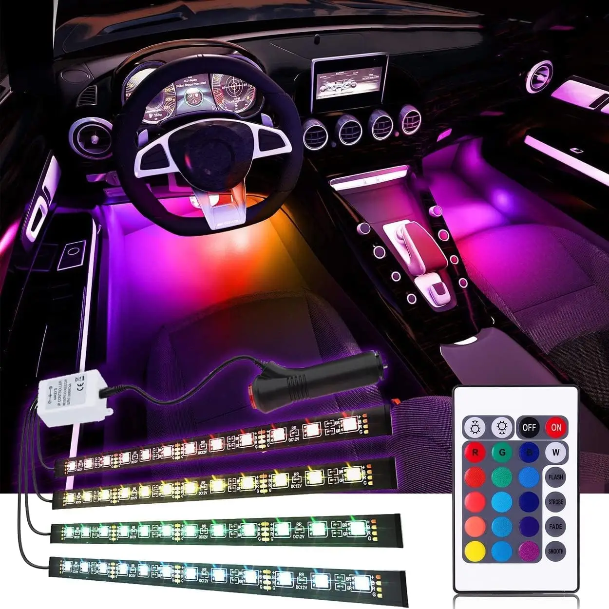 RGB Interior Car Strip Lights with Remote Control, Music Sync Under Dash Footwell Neon Internal Lighting Kit Multicolor,12V LED Strip Lights for Cars,