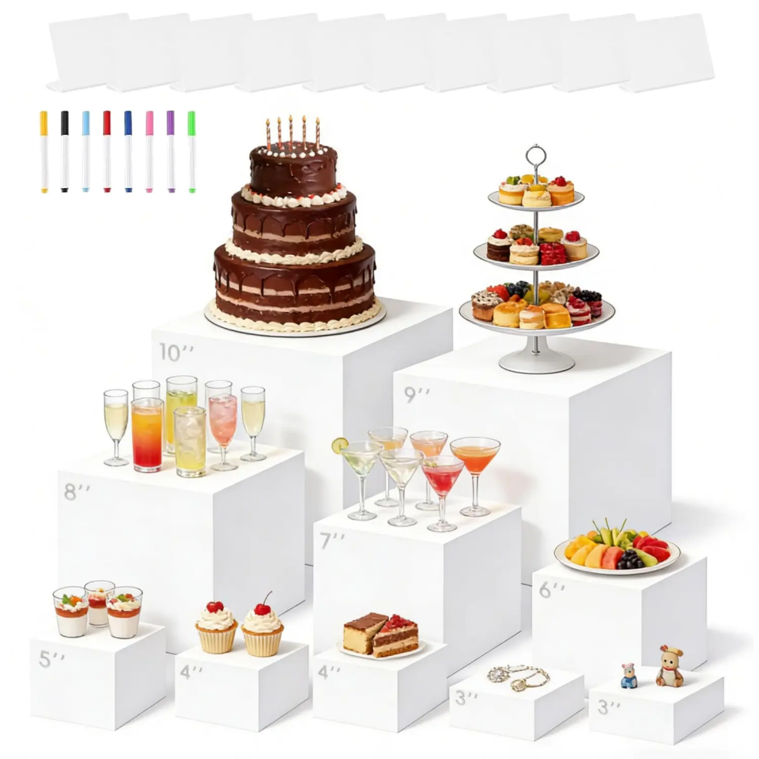 10PCS Buffet Risers, Dessert Table Display Set, White Buffet Risers, Acrylic Boxes For Display White, Catering Supplies Buffet Display, Cube Boxes Nesting Risers (10"-9"-8"-7"-6"-5"-4"-4"-3"-3")