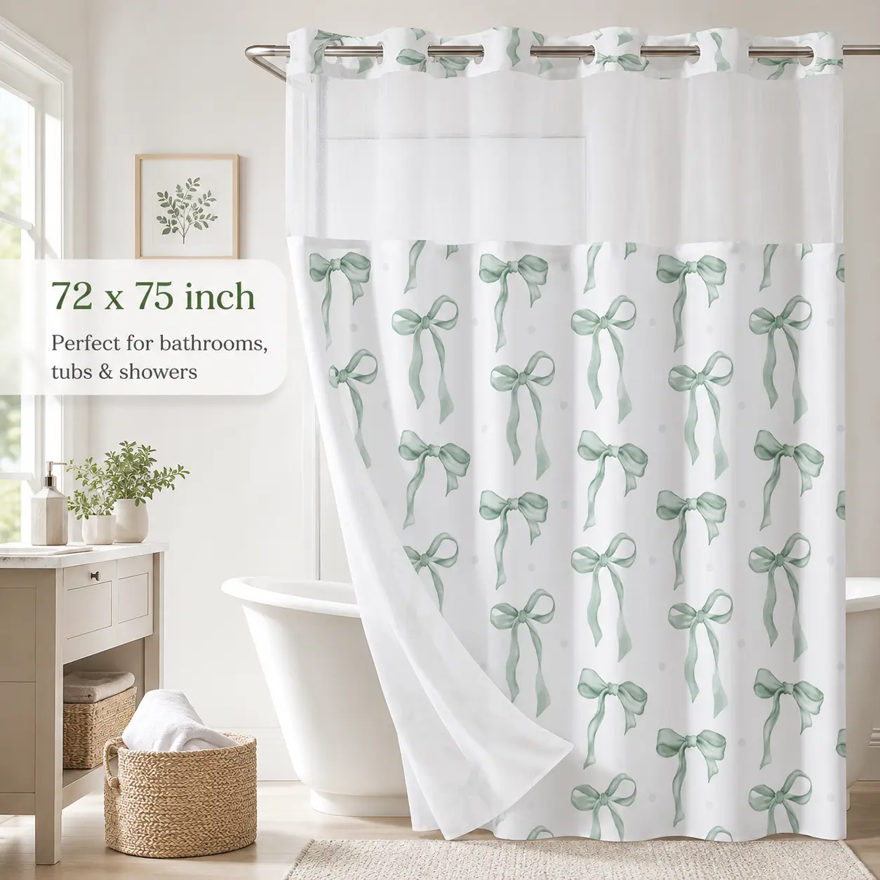 Green Bow Shower Curtain with Polka Dot Design, Sheer Top Window, Double Layer Hookless Waterproof Bathroom Curtain, Cute Minimalist Bathroom Decor, 72 x 75 Inches Double-Layer