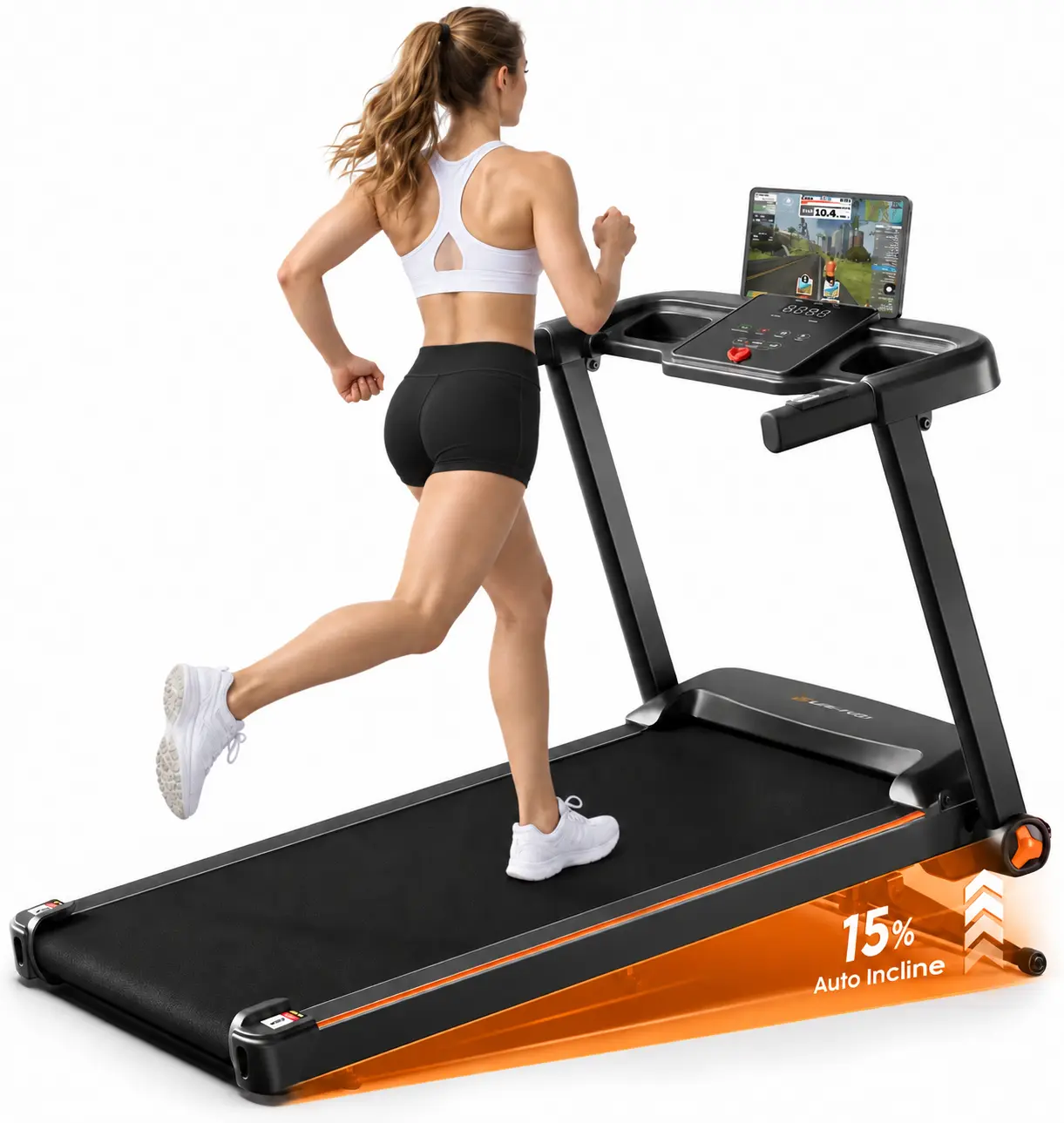 JC Electric Auto-Incline Treadmill - 3.5HP Quiet Motor, 15% Incline, Adjustable Handrail, LED Display, Easy-Mobility Wheels, 300lbs Capacity, Compact Under Desk Treadmill for Home/Office